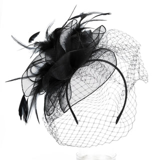 Woven Mesh Fascinator With Tonal Feather Details And Netted Veil - Black - Boutique Bella BellaQuirky Hat