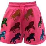Queen Of Sparkles-Neon Pink Multi Horse All Over Short