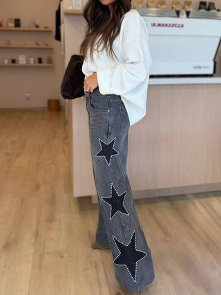 Y2k Retro Star Jeans With Pearled Navy Stars - Boutique Bella BellaJeans