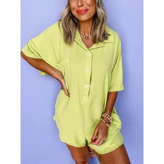 Yellow Button Down Double Pocket Romper - Boutique Bella BellaRomper
