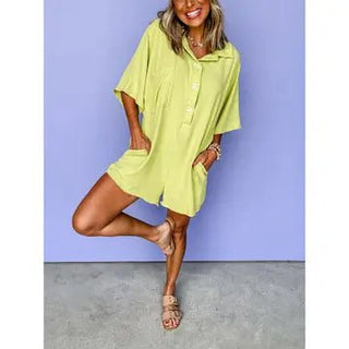 Yellow Button Down Double Pocket Romper - Boutique Bella BellaRomper