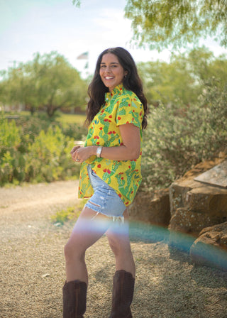 Yellow Button - Down Shirt W/ Cactus Print - Boutique Bella BellaTops