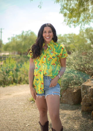 Yellow Button - Down Shirt W/ Cactus Print - Boutique Bella BellaTops