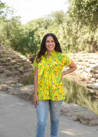 Yellow Button - Down Shirt W/ Cactus Print - Boutique Bella BellaTops