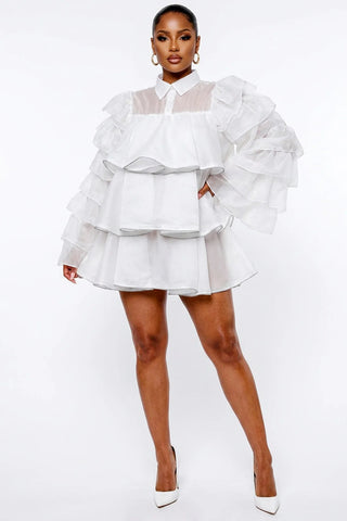 Zip Into Ruffles Mini Dress - White - Boutique Bella BellaDress