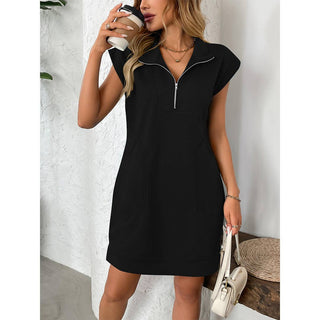 Zip - up Collar Dress w/ Pockets - Boutique Bella BellaDress